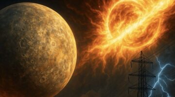 Intensives Bild zum rückläufigen Merkur 2025: Sonnensturm, Stromausfall und Spannung – visuelle Darstellung kosmischer Einflüsse und technischer Risiken.
