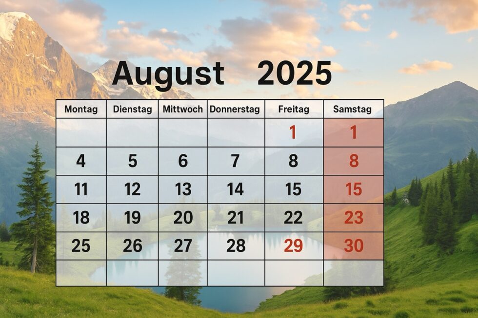 August 2025 in der Schweiz: Alle Feiertage, Wochenenden und Brückentage im Überblick – ideal zur Urlaubsplanung mit Kalender und Kantonsvergleich.