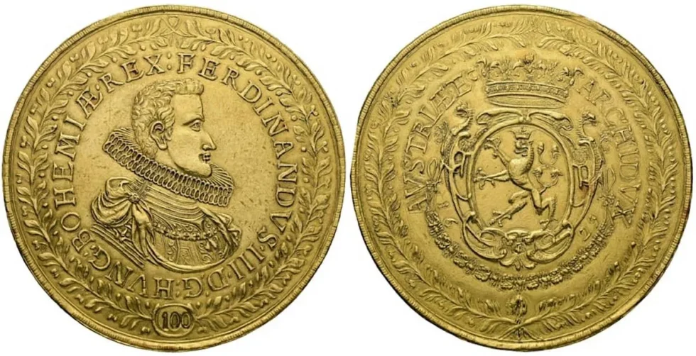 Die 100 Dukaten Ferdinand III., die wahrscheinlich teuerste Goldmünze der Geschichte, wird in Zürich versteigert. Das 348,5 Gramm schwere Unikat war Teil einer 50 Jahre lang versteckten Sammlung.