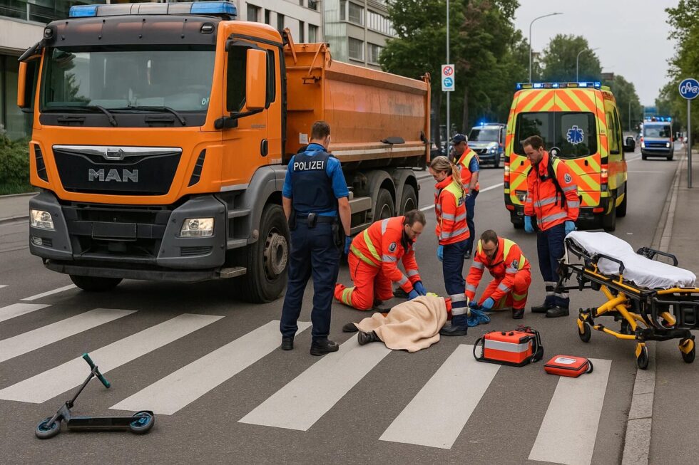Schwerer Unfall in Volketswil ZH (Zentralstrasse): Lkw erfasst 6-Jährigen auf Kickboard am Zebrastreifen. Bub verletzt, Ursache unklar. Grosseinsatz der Rettungskräfte.