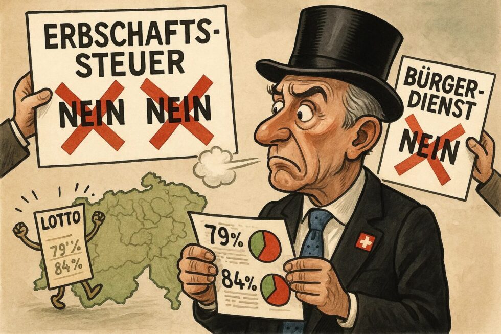 Schweizer Abstimmungsresultate: Erbschaftssteuer (79% Nein) und Bürgerdienst (84% Nein) scheitern am Ständemehr. Kantonale Vorlagen wie Lottoverbot (SO) angenommen.