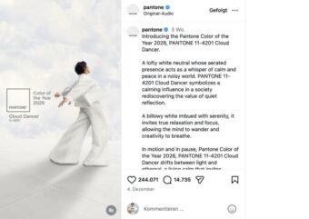 Pantone Farbe 2026 Cloud Dancer in der Schweiz: Warum Weiss zum globalen Trend wird, was der Farbton bedeutet und wie Mode, Interior und Luxusmarken davon profitieren.