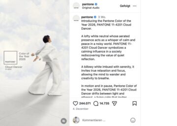 Pantone Farbe 2026 Cloud Dancer in der Schweiz: Warum Weiss zum globalen Trend wird, was der Farbton bedeutet und wie Mode, Interior und Luxusmarken davon profitieren.