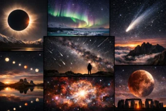 2026 bringt der Schweiz spektakul&auml;re Himmelsereignisse: Sonnenfinsternis, Supermonde, Meteorschauer, Planetenkonstellationen und Polarlichter.
