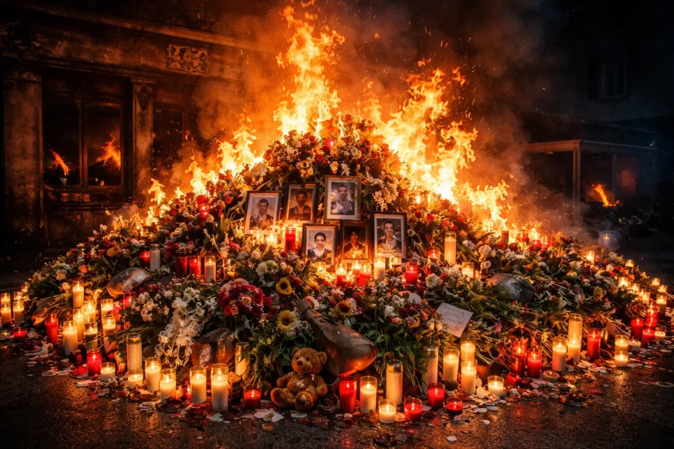 In Crans-Montana geriet die Gedenkst&auml;tte f&uuml;r die Opfer des Barfeuers in Flammen. Polizei untersucht Kerzen als m&ouml;gliche Ursache.