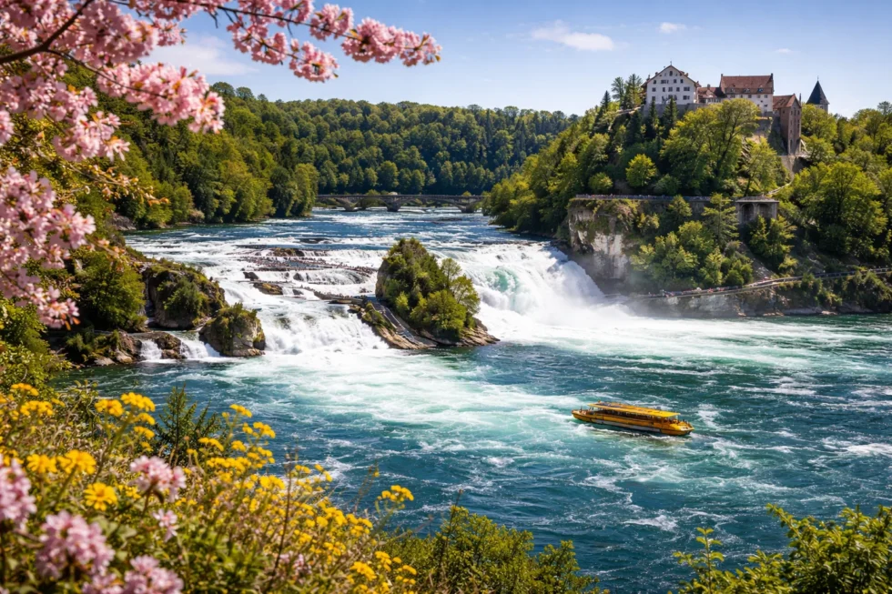 Planen Sie Ihren Fr&uuml;hlingsausflug 2026 zum Rheinfall (47 km ab Z&uuml;rich). Alles zu SBB-Tickets, Parkplatz-Preisen, Schifffahrt-Tarifen und der besten Besuchszeit im Mai bei Schneeschmelze. Jetzt Details pr&uuml;fen.