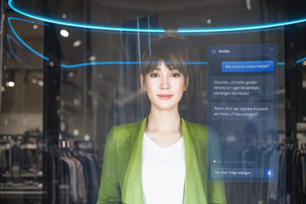 KI-Avatar statt Verkäufer: Im Berner Warenhaus Loeb berät das Hologramm Emilia per ChatGPT. Erfahren Sie alles über Modetipps und digitale Hilfe am Point of Sale.