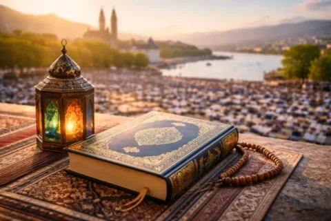 Erfahren Sie alles &uuml;ber das Ende von Ramadan 2026 in Z&uuml;rich: Voraussichtliches Datum f&uuml;r Eid al-Fitr am 19. April, Gebetszeiten in der Messe Z&uuml;rich und Tipps f&uuml;r das Eid-Gebet in der Stadt.