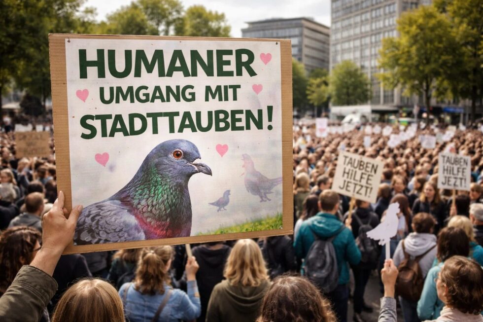 Demonstration in Zürich auf dem Europa-Platz für Stadttauben und Augsburg-Modell. 250–300 Teilnehmer fordern humane Populationskontrolle, während Stadtmaßnahmen und Tierschutzdebatten eskalieren.