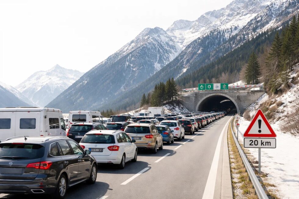 Gotthard-Stau Karfreitag 2026: 20 km Stau & über 3 Stunden Wartezeit Richtung Süden. Erfahren Sie alles zu Umfahrungen via San Bernardino und Lawinensperrungen