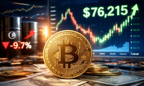 Bitcoin steigt &uuml;ber 76.000 Dollar nach &Ouml;ffnung der Stra&szlig;e von Hormus durch Iran. &Ouml;lpreise fallen um fast 10 %, M&auml;rkte reagieren positiv. Analyse zu Widerstand, Prognose und geopolitischem Einfluss.