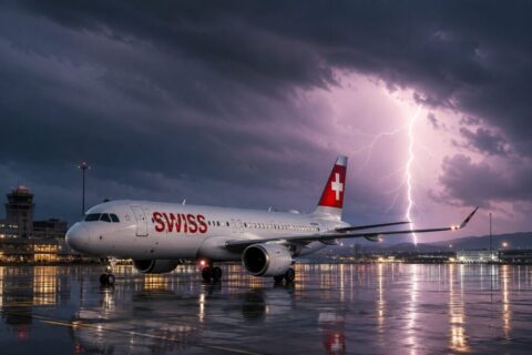 Blitz trifft Helvetic-Maschine: Swiss-Flug LX1374 kehrt nach 44 Minuten nach Z&uuml;rich zur&uuml;ck. 117 Passagiere betroffen, Ursache Blitzeinschlag, Sicherheit erkl&auml;rt.