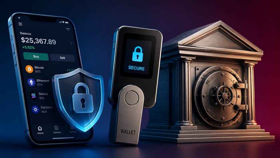 Krypto Wallet Schweiz 2026: Welche L&ouml;sung sicherer ist &mdash; B&ouml;rse, Hardware Wallet oder Schweizer Bank. Risiken, FINMA-Regeln, Insolvenzschutz und Expertenvergleich.
