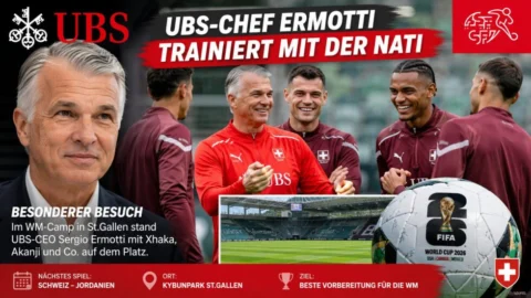 Schweizer Fussballnationalmannschaft sorgt in St.Gallen für Aufmerksamkeit: UBS-Chef Sergio Ermotti trainierte mit Xhaka, Akanji und Co. im WM-Camp vor dem Jordanien-Testspiel.