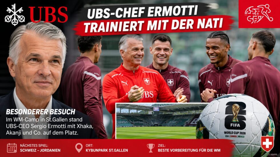 Schweizer Fussballnationalmannschaft sorgt in St.Gallen für Aufmerksamkeit: UBS-Chef Sergio Ermotti trainierte mit Xhaka, Akanji und Co. im WM-Camp vor dem Jordanien-Testspiel.