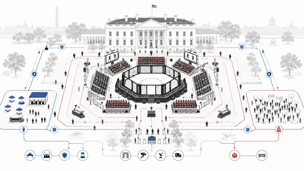 Trump Geburtstag Käfigkampf vor dem Weissen Haus: Donald Trump wird 80, UFC baut ein Oktagon, Proteste formieren sich. Was geplant ist, was Kritik auslöst und wie Steinmeier gratuliert. Vor G7 heute.