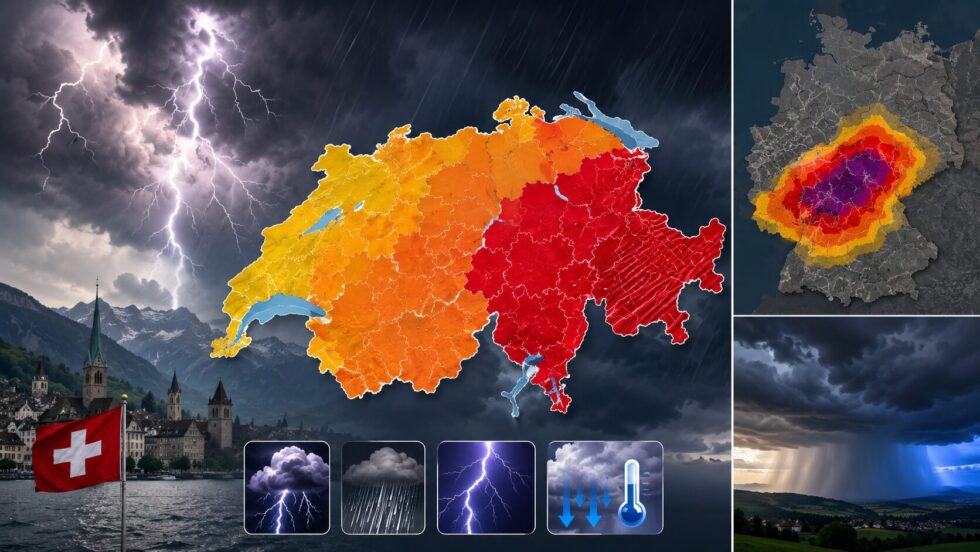 Starkes gewitter – warnung für die Schweiz am 29. Juni: Welche Kantone Gewitter, Starkregen, Blitz und Kühlung nach Hitze treffen können, plus Einordnung zur DWD-Stufe 4 in Franken.