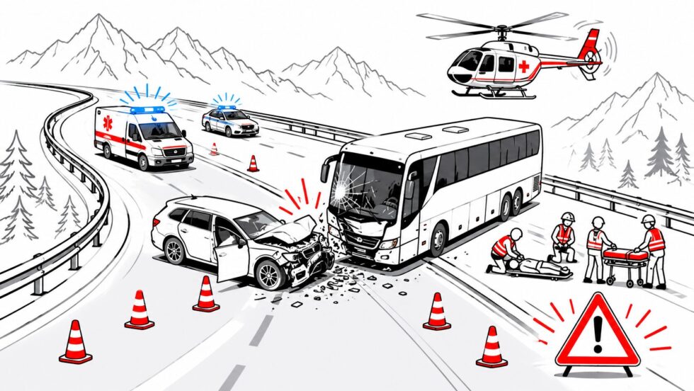 Laax GR: Am 27. Juni 2026 kollidierten auf der H19 ein Reisecar und zwei Autos. Vier Personen wurden verletzt, ein 69-jähriger Lenker schwer. Die Oberalpstrasse war rund viereinhalb Stunden gesperrt.
