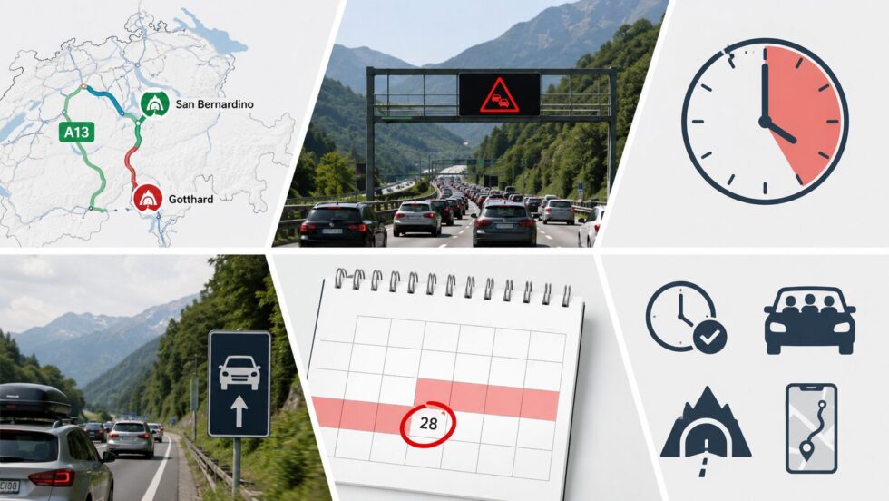 Am 28. Juni 2026 steigt in der Schweiz die Staugefahr zum Ferienstart. Wo Gotthard und A13 San Bernardino besonders voll werden, welche Uhrzeiten kritisch sind und wie Reisende Zeit sparen.