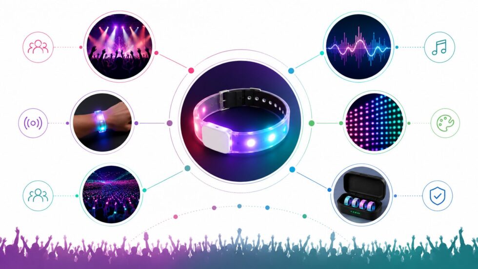 LED-Armbänder für Konzerte machen Events in der Schweiz interaktiver. Erfahren Sie, wie Lichtsteuerung, Synchronisation und visuelle Effekte Konzerte, Festivals und Firmenevents aufwerten.