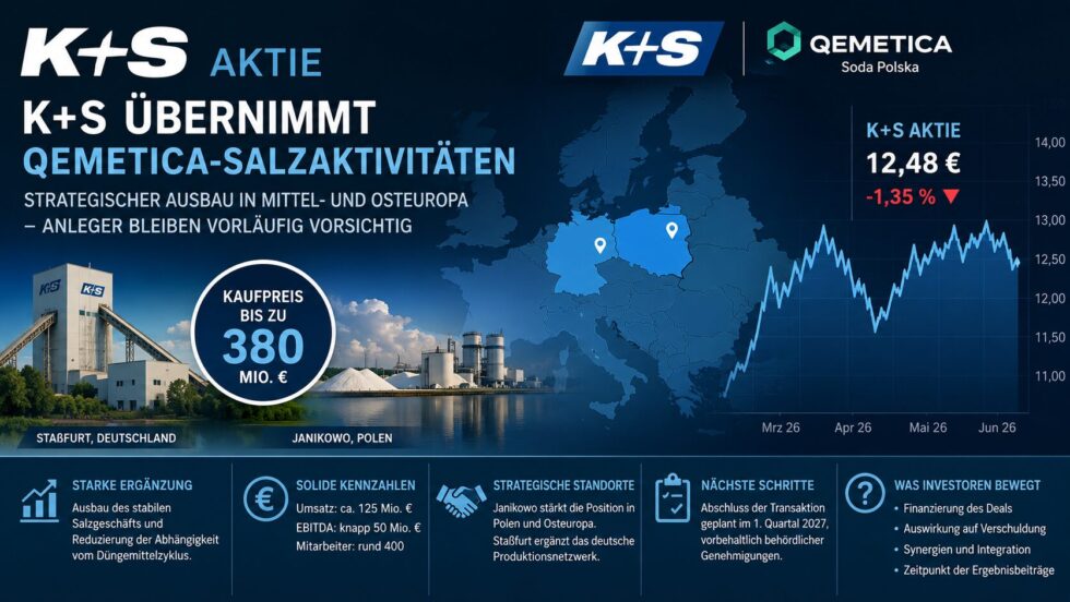 K+S Aktie im Fokus: Der Konzern übernimmt Salzaktivitäten von Qemetica für bis zu 380 Millionen Euro. Welche Chancen, Risiken, Standorte und Auswirkungen auf die Aktie jetzt wichtig sind.