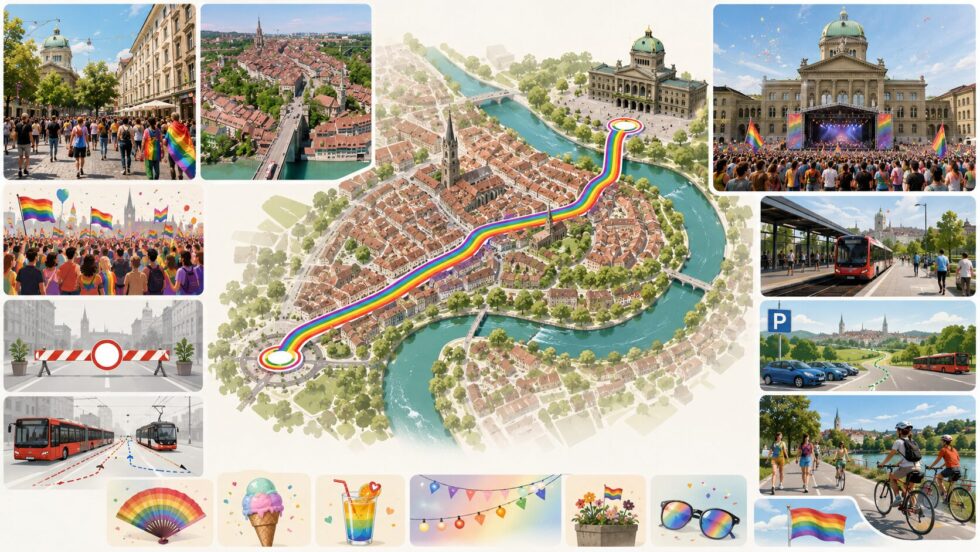 BernPride 2026 am 25. Juli: Die neue 5-km-Route vom Waisenhausplatz zum Bundesplatz, das Festival-Programm, alle Strassensperrungen, Bernmobil-Umleitungen und Tipps zu Anreise und Parken im Überblick.