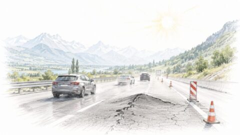Autobahn A13 bei Buchs SG: Hitze liess den Belag aufbrechen, 35 m² wurden ersetzt. Die Normalspur bleibt bis Montag, 22. Juni 2026, 05.00 Uhr gesperrt.