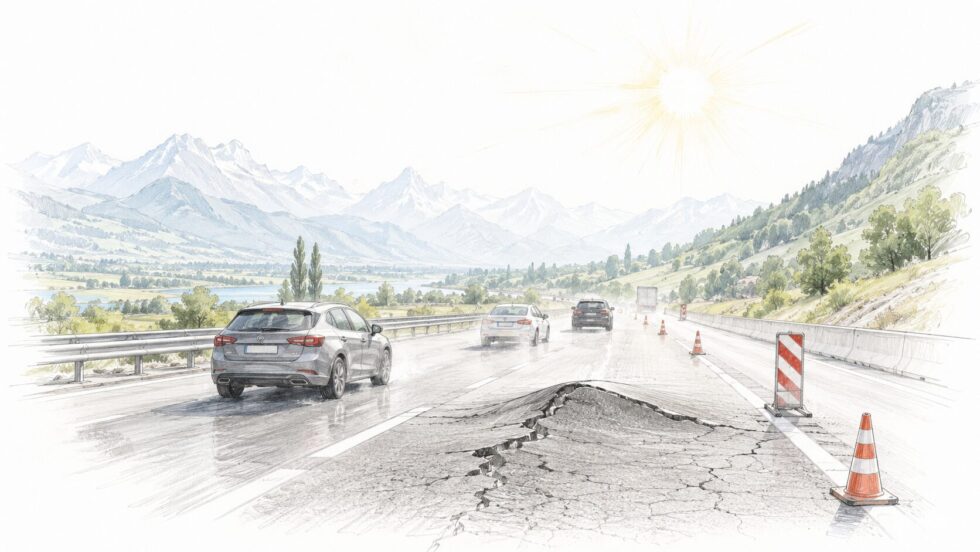 Autobahn A13 bei Buchs SG: Hitze liess den Belag aufbrechen, 35 m² wurden ersetzt. Die Normalspur bleibt bis Montag, 22. Juni 2026, 05.00 Uhr gesperrt.