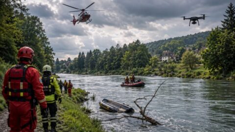 Reuss bei M&uuml;hlau AG: Nach einem Schlauchboot-Unfall am 20. Juni 2026 wird ein f&uuml;nfj&auml;hriger Bub vermisst. Polizei, Rega, Drohnen und Taucher suchen weiter.