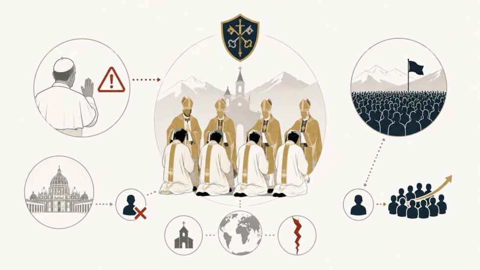 Trotz Warnung von Papst Leo XIV. hat die Piusbruderschaft in Écône VS vier Bischöfe geweiht. 15'000 Gläubige kamen ins Wallis – der Vatikan spricht von einem schismatischen Akt. Alle Hintergründe.