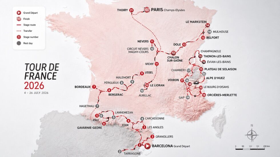 Tour de France 2026 startet am 4. Juli in Barcelona und endet am 26. Juli in Paris. Strecke, Favoriten, Schweizer Fahrer, TV-Übertragung bei SRG SSR, Etappen und Alpe d’Huez im Überblick.