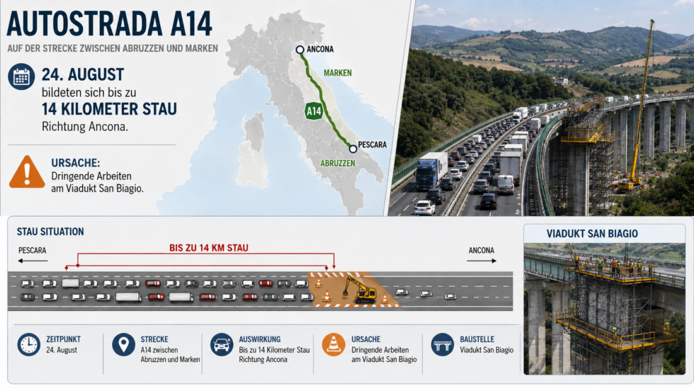 Autostrada A14: Auf der Strecke zwischen Abruzzen und Marken bildeten sich am 24. August bis zu 14 Kilometer Stau Richtung Ancona. Ursache waren dringende Arbeiten am Viadukt San Biagio.
