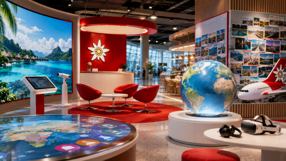 Edelweiss eröffnet im Circle am Flughafen Zürich einen 300 m² grossen Hub mit VR-Reisen, GeoQuiz, Café und Trainingsräumen. Besucher können die Erlebniswelt werktags kostenlos entdecken.