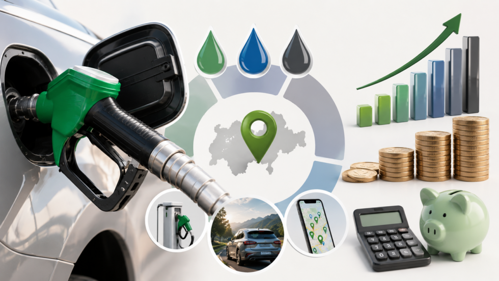 Was kostet Benzin heute in der Schweiz? TCS-Preise für Bleifrei 95, Bleifrei 98 und Diesel sowie Tipps, wie Autofahrer günstige Tankstellen in Zürich finden und beim Tanken Geld sparen können.