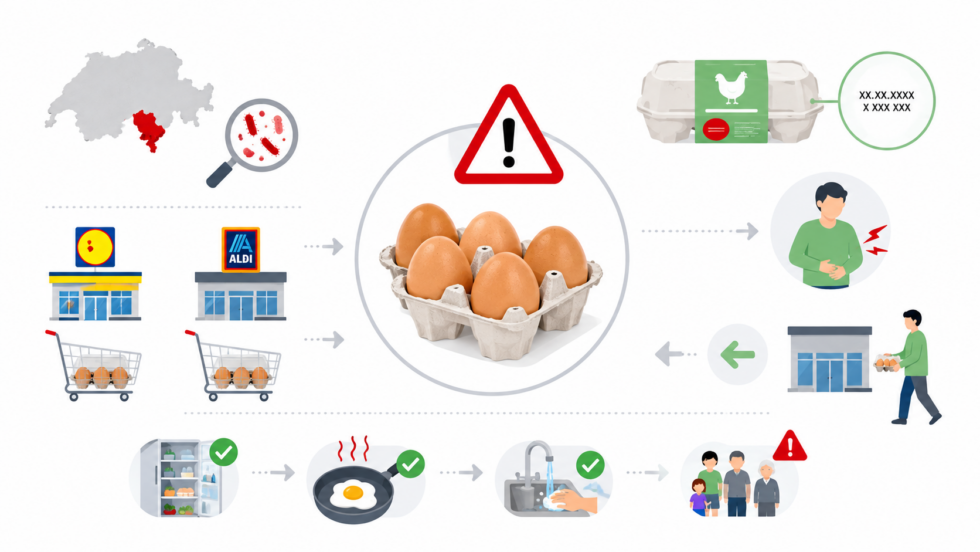 Eier (œufs) Rückruf Schweiz: Lidl und Aldi warnen wegen Salmonellen vor Tessiner Eiern. Betroffene MHD, Packungen, Rückgabe und Gesundheitsrisiken im Überblick für Konsumenten in der Schweiz aktuell.