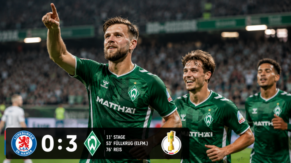 DFB Pokal aktuell: Werder Bremen schlägt Lüneburger SK Hansa 3:0. Niclas Füllkrug trifft bei seinem Pflichtspiel-Comeback, dazu treffen Jens Stage und Ludovit Reis in Hamburg.