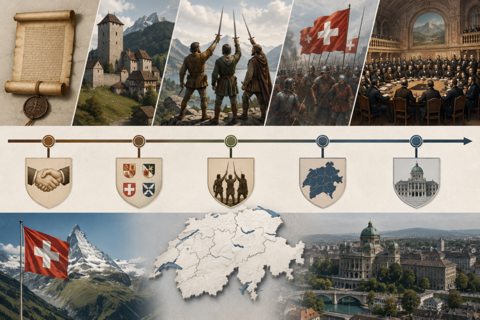 Wie alt ist die Schweiz? Der Bundesbrief von 1291, der Mythos Rütlischwur, das Jahr 1848 und warum es gleich mehrere Gründungsdaten gibt – die Geschichte der Eidgenossenschaft kompakt und faktenbasiert erklärt.