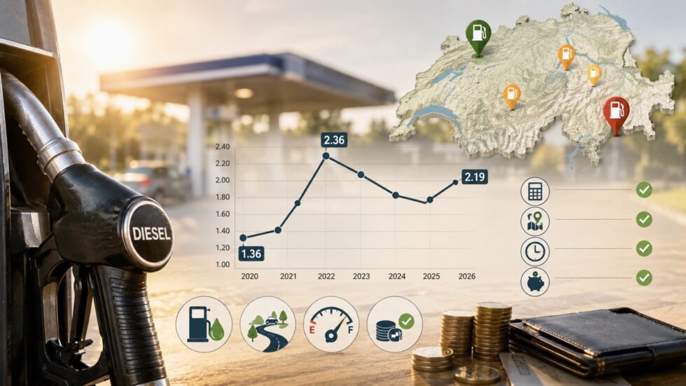 Diesel Preis Schweiz 2026 im Überblick: aktuelle Literpreise, warum Diesel je nach Kanton bis zu einem Franken schwankt, wo Tanken günstig ist, die 5er-Regel des TCS und wie sich der Preis zusammensetzt.