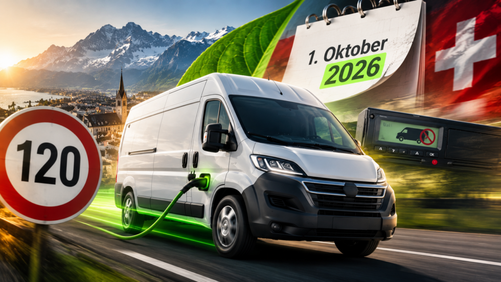 E-Lieferwagen dürfen in der Schweiz ab 1. Oktober 2026 neu bis Tempo 120 fahren. Für Fahrzeuge bis 4,25 Tonnen entfällt zudem die Fahrtschreiberpflicht. Das sind die neuen Regeln im Detail.