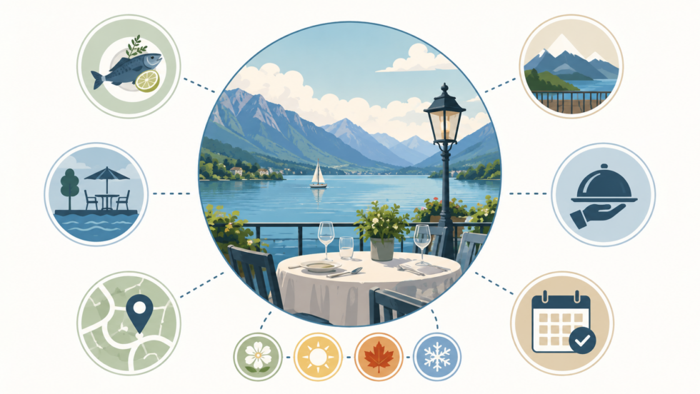 Restaurants am See in der Schweiz entdecken: schöne Adressen mit Terrasse, Seeblick und guter Küche am Zürichsee, Vierwaldstättersee, Genfersee, im Tessin und weiteren Regionen. Tipps für den Besuch.