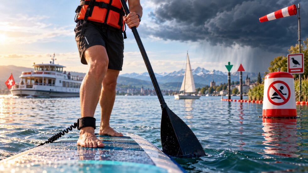 SUP-Regeln Zürichsee 2026: Was gilt für Rettungsweste, 300-Meter-Zone, Vorfahrt, Sperrflächen, Licht und Sturmwarnung? Alle Pflichten, Sicherheitsregeln und Hinweis für Stand-up-Paddler am Zürichsee.