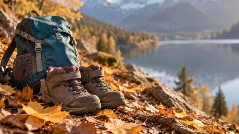 Ausfl&uuml;ge Schweiz mit Kindern: Kinderwanderschuhe und Rucksack auf einem Herbstweg am Bergsee