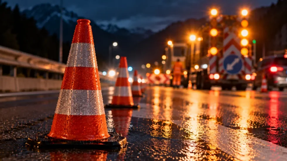 Autobahn-Sperrungen in der Schweiz: Leitkegel auf nasser Autobahnspur in der Nacht in Nahaufnahme