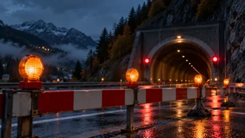 Autobahn-Sperrungen in der Schweiz: gesperrtes Tunnelportal mit Warnleuchten in der Nacht in Nahaufnahme