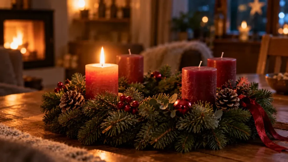 Feiertage November 2026 Schweiz: Adventskranz mit der ersten brennenden Kerze