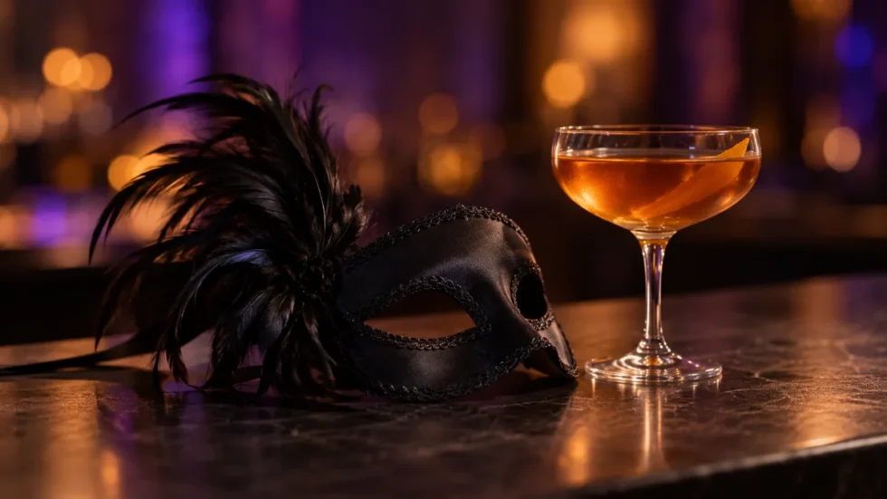 Halloween 2026: Partymaske und Cocktail an einer Bar im Clublicht
