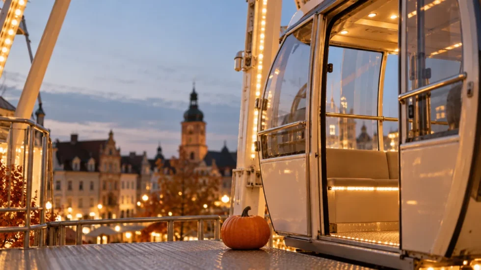 Halloween in Basel: beleuchtete Riesenradgondel an der Herbstmesse
