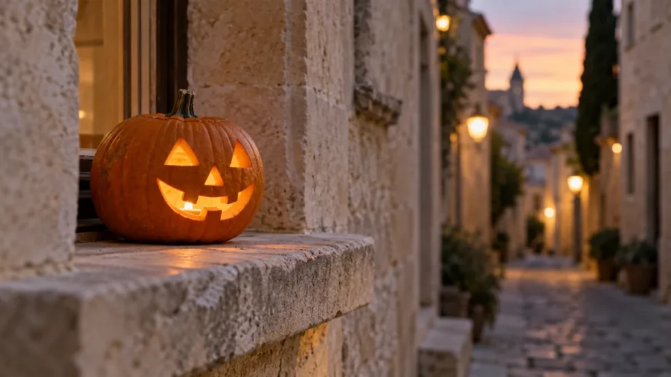 Halloween in Basel: Kürbislaterne vor einem Altstadtfenster