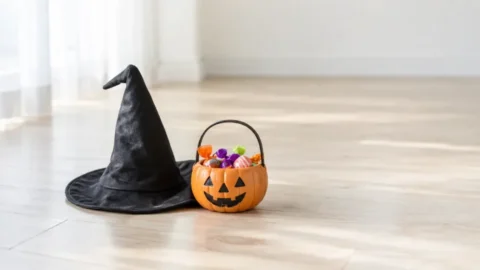 Halloween f&uuml;r Kinder: Hexenhut und K&uuml;rbiskorb mit S&uuml;ssigkeiten