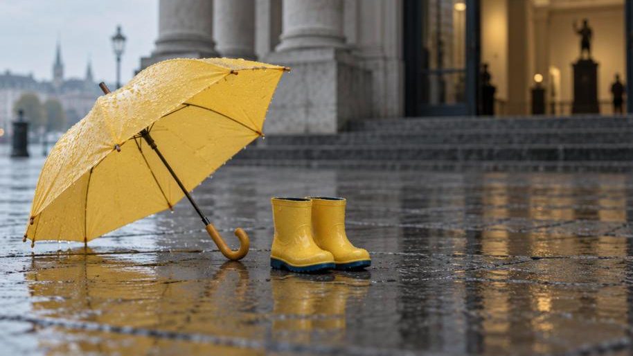 Herbstferien Zürich 2026 bei Regen: gelber Kinderschirm und Gummistiefel vor einem Museum